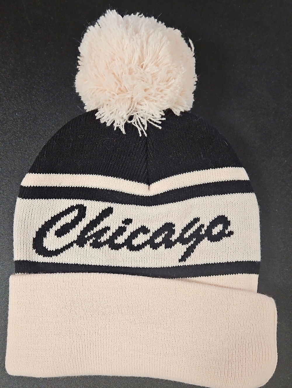 Chicago Script Pom Beanie - Black & Pale Pink